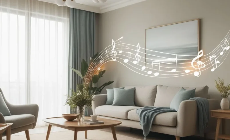 A peaceful living room scene enhanced by soft ambient background music, illustrating how BGM can transform everyday environments into relaxing and enjoyable spaces.