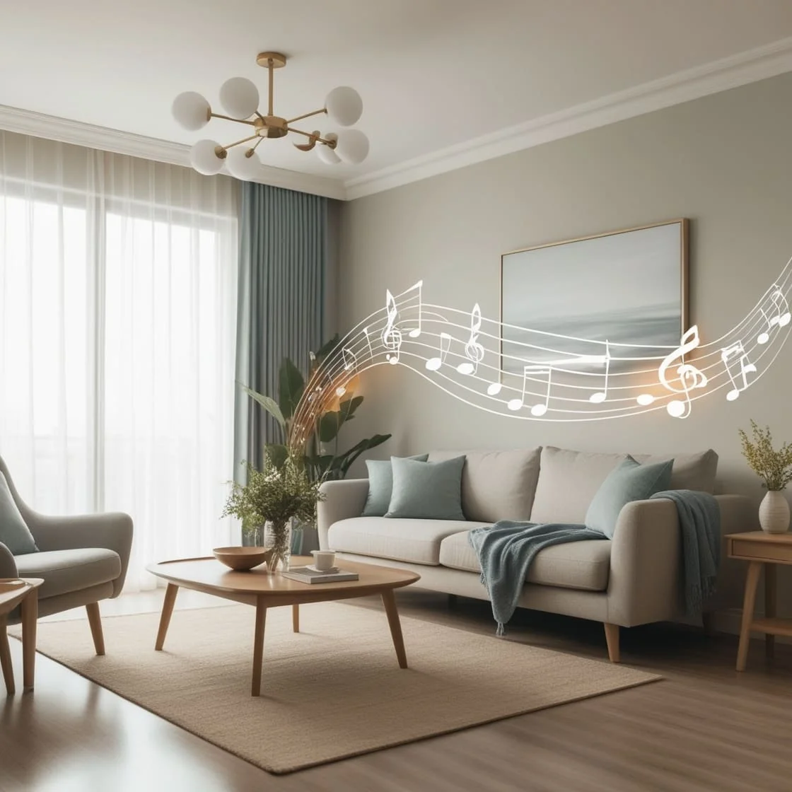 A peaceful living room scene enhanced by soft ambient background music, illustrating how BGM can transform everyday environments into relaxing and enjoyable spaces.